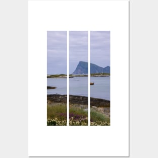 Wonderful landscapes in Norway. Nordland. Beautiful scenery of a boat and a lighthouse on the Sommaroya island. Sea, seagulls and mountain in the background (vertical) Posters and Art